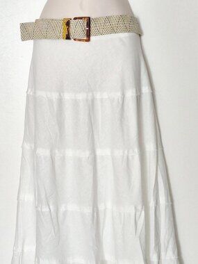 Metrowear Tiered Linen Blend Midi White Skirt With Stretchy Belt Size L NWT